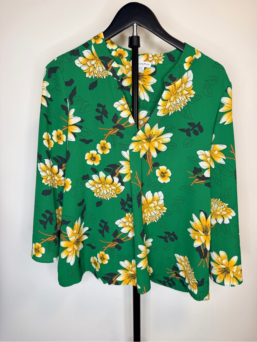 Carolina Belle Green Floral V-Neck Blouse with Yellow Blooms
